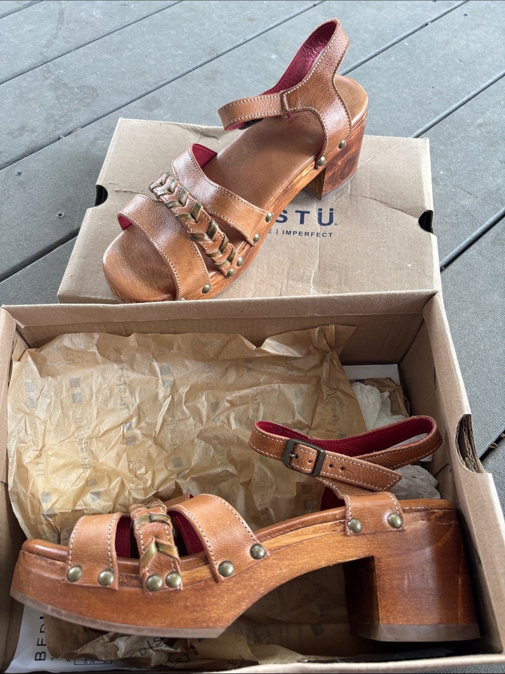 Bed Stu Brown Leather Platform Sandals with Braided Strap